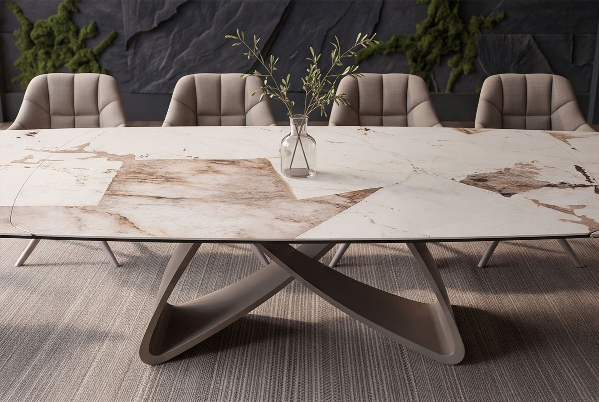 Table à manger extensible INFINITY 180-260cm forme bateau en céramique Patagonia blanc marron