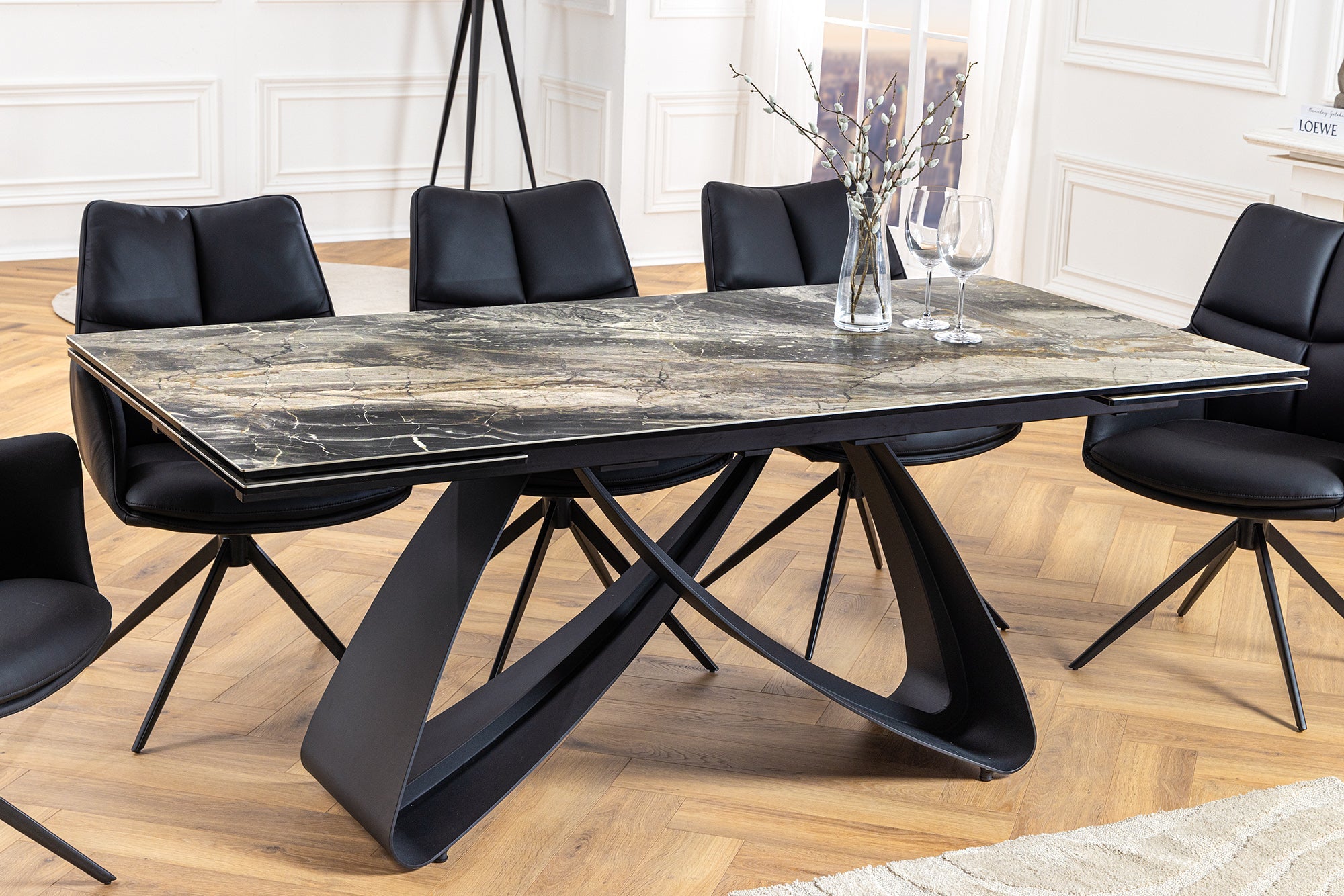 INFINITY mesa de comedor extensible 180-260cm taupe cerámica mármol negro metal