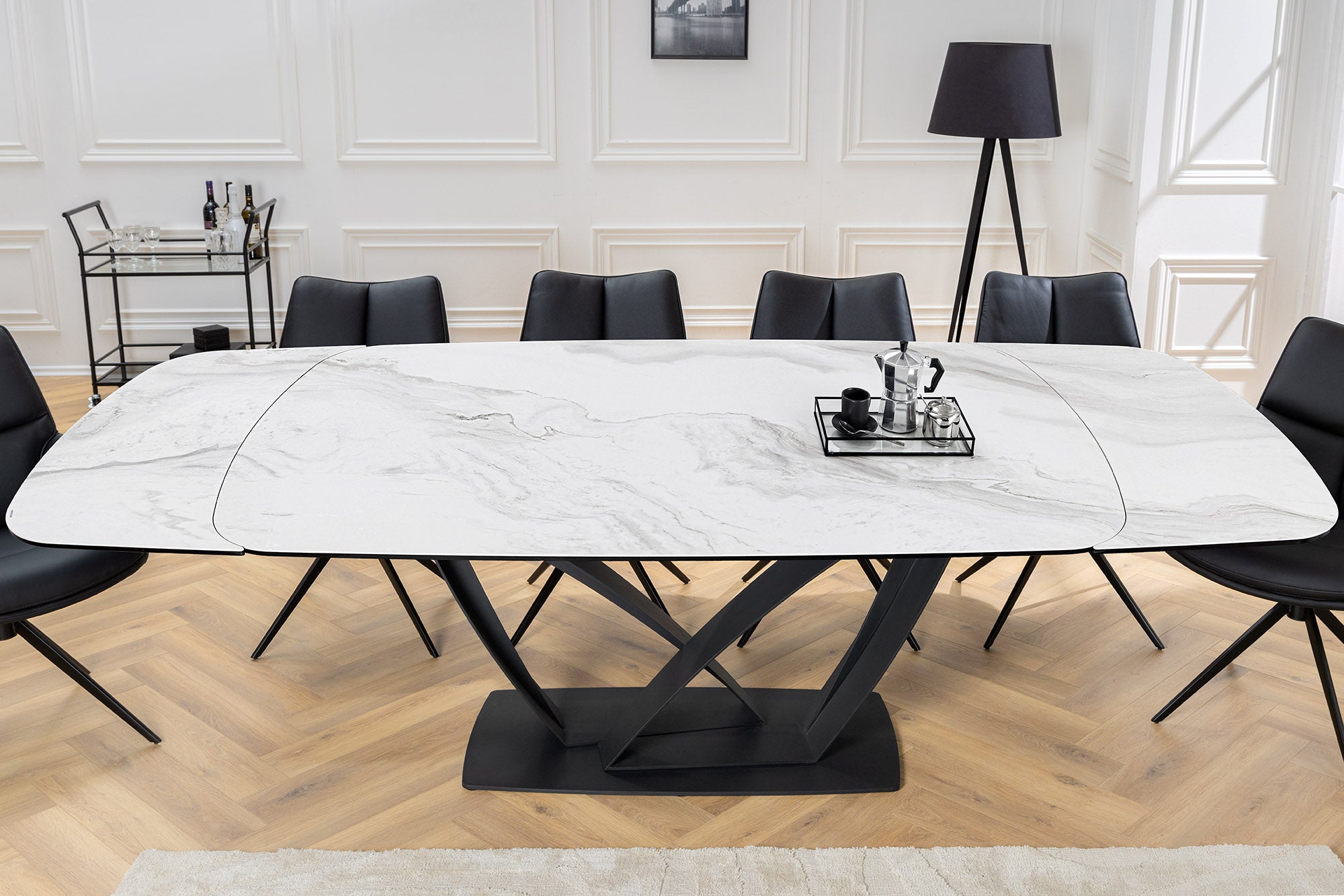 Mesa de comedor extensible PAPILLON 180-260cm cerámica blanca mármol negro metal