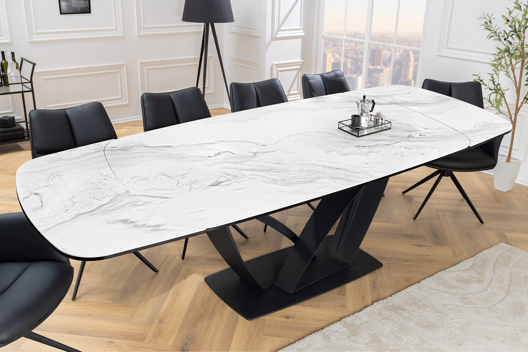 Table à manger extensible PAPILLON 180-260cm céramique blanche marbre métal noir