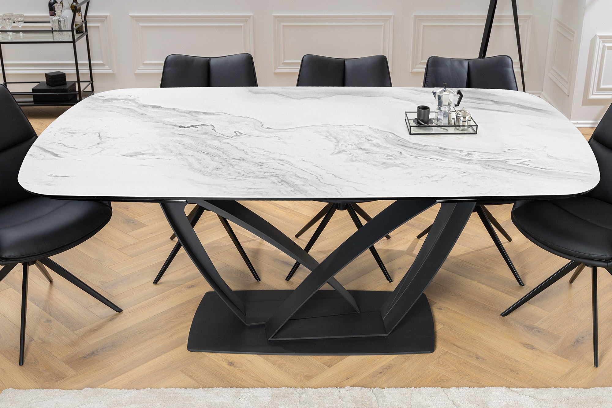 Mesa de comedor extensible PAPILLON 180-260cm cerámica blanca mármol negro metal