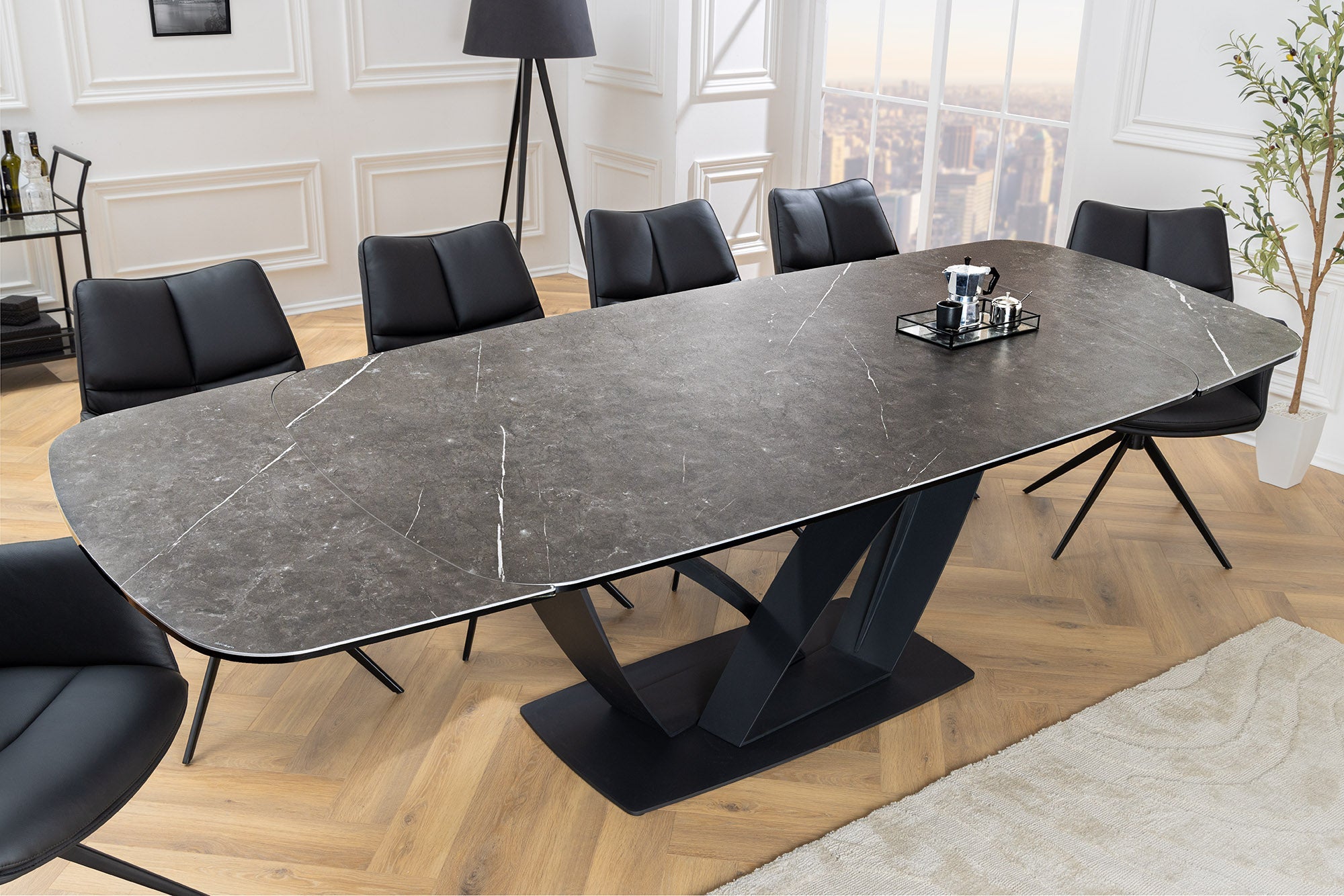 Table à manger extensible PAPILLON 180-260cm graphite céramique marbre noir métal