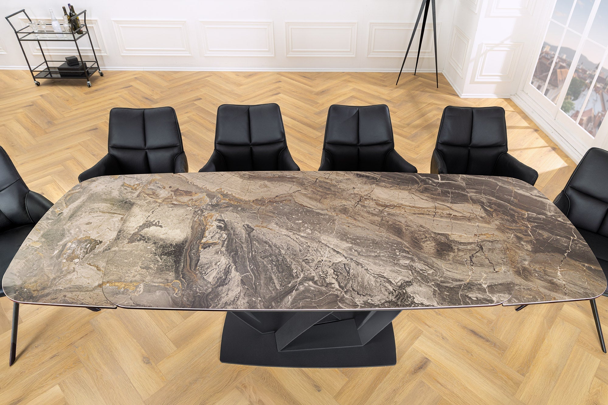 Mesa de comedor extensible PAPILLON 180-260cm cerámica topo mármol metal negro