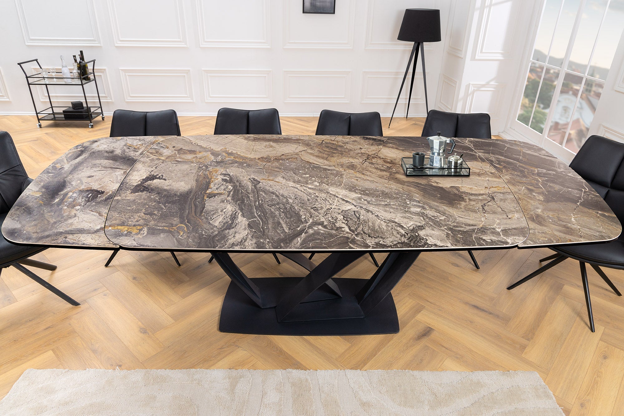 Mesa de comedor extensible PAPILLON 180-260cm cerámica topo mármol metal negro