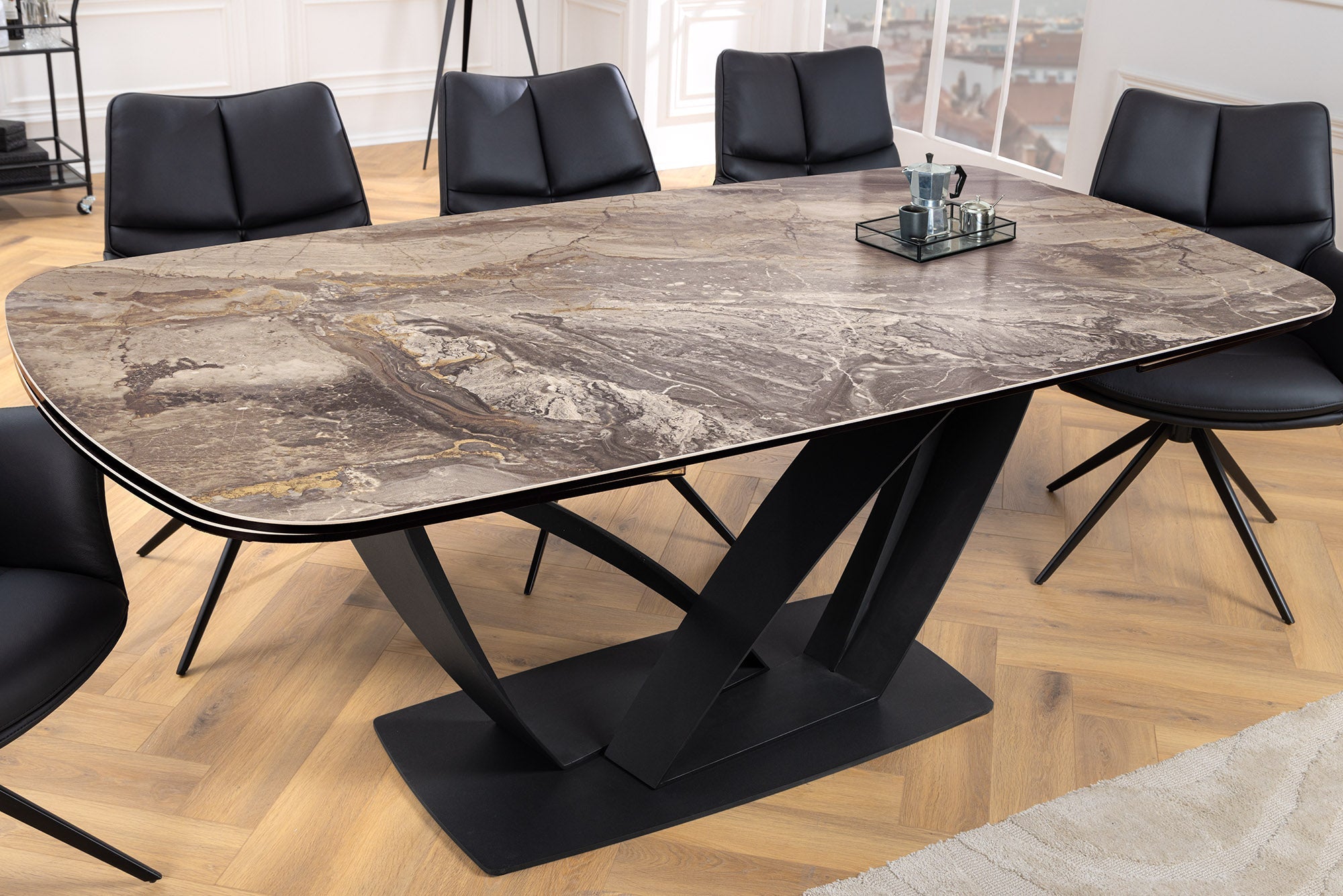 Mesa de comedor extensible PAPILLON 180-260cm cerámica topo mármol metal negro