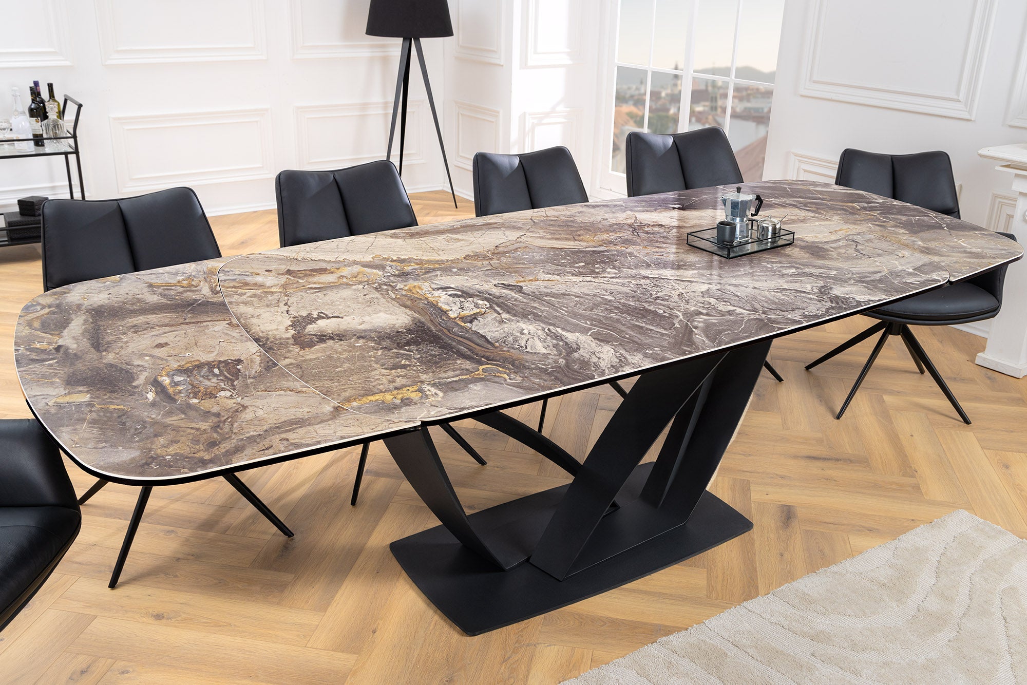 Mesa de comedor extensible PAPILLON 180-260cm cerámica topo mármol metal negro