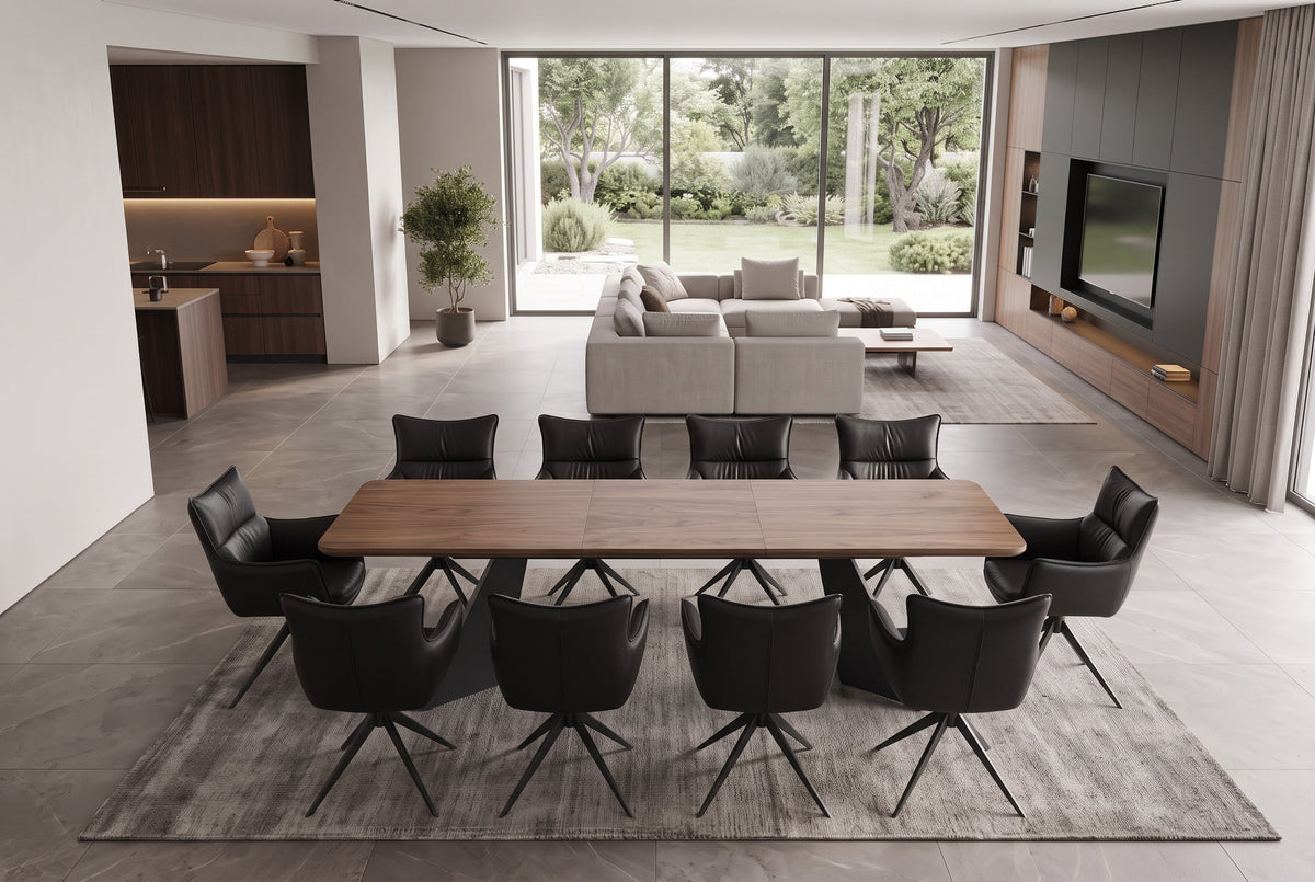 Table à manger extensible PRESTIGE 180-240cm bois de noyer naturel structure métal noir