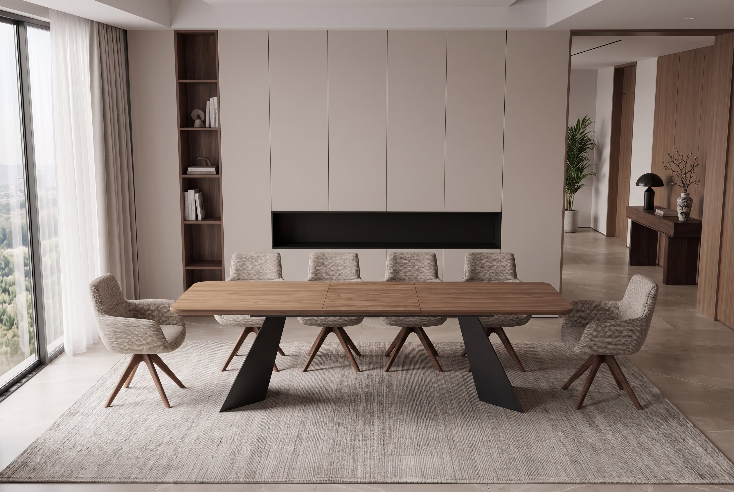 Table à manger extensible PRESTIGE 180-240cm bois de noyer naturel structure métal noir