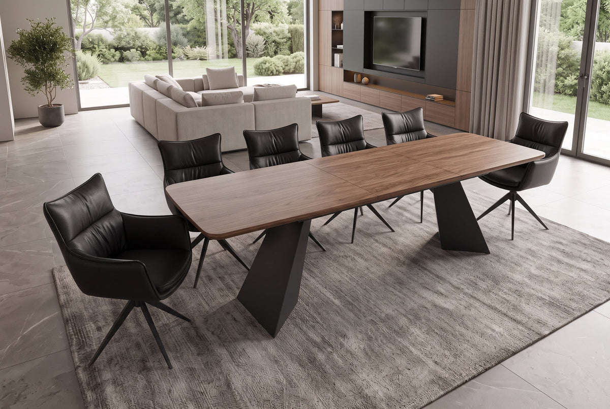 Table à manger extensible PRESTIGE 180-240cm bois de noyer naturel structure métal noir