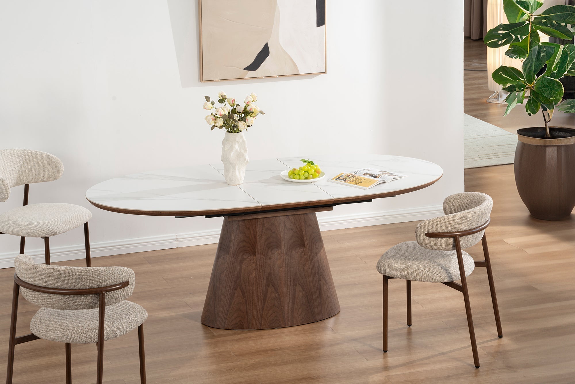 Table à manger extensible UNIQUE 160-200cm blanc marron noyer bois céramique marbre base colonne