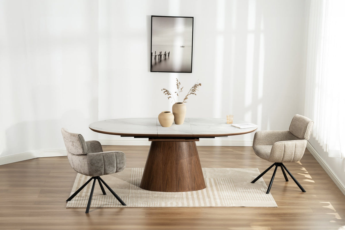 Table à manger extensible UNIQUE 160-200cm blanc marron noyer bois céramique marbre base colonne