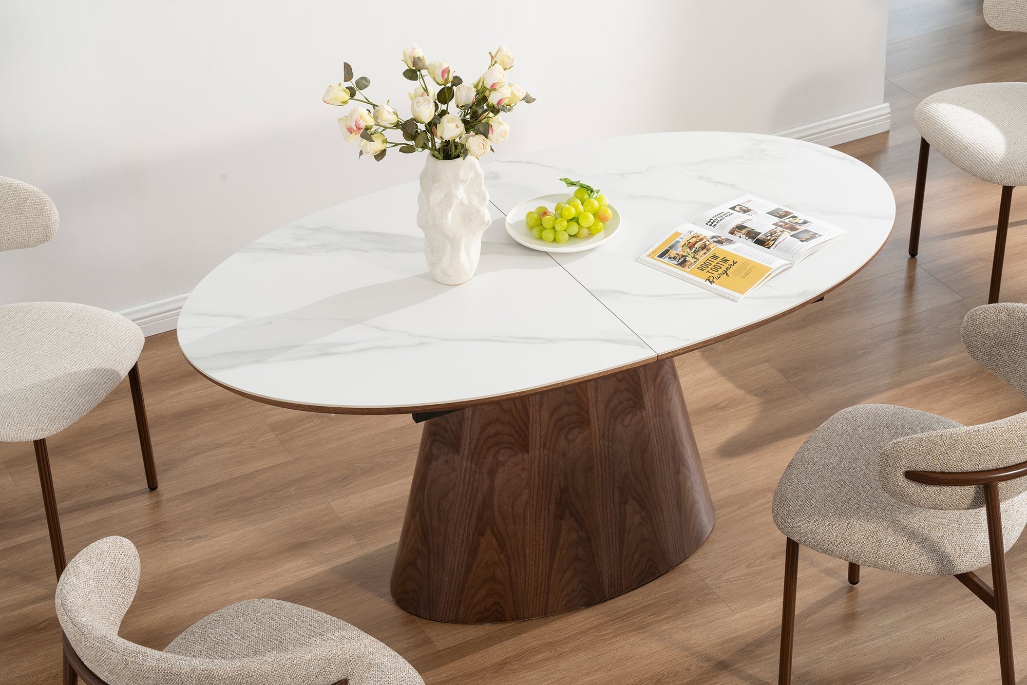 Table à manger extensible UNIQUE 160-200cm blanc marron noyer bois céramique marbre base colonne