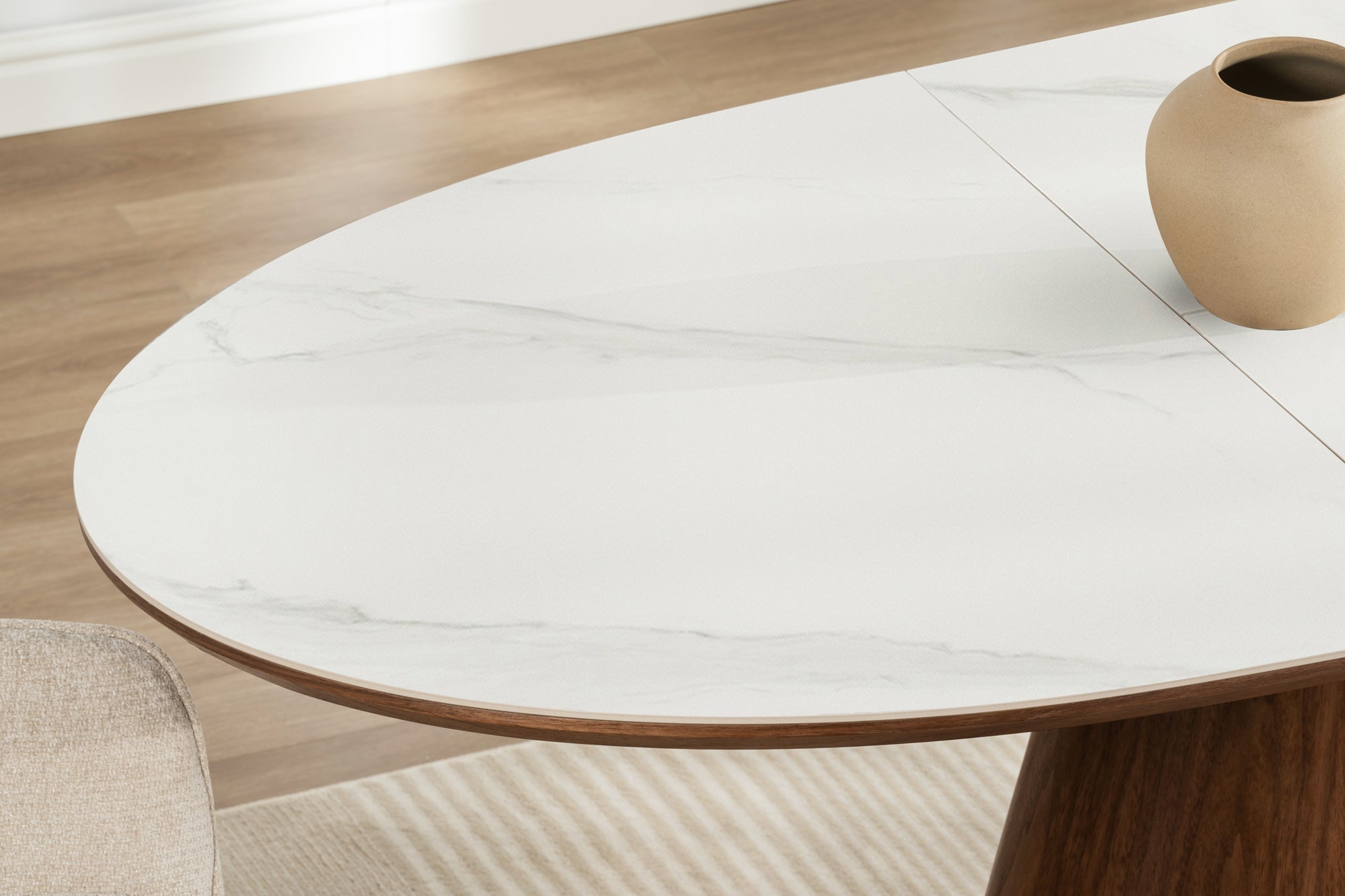 Table à manger extensible UNIQUE 160-200cm blanc marron noyer bois céramique marbre base colonne