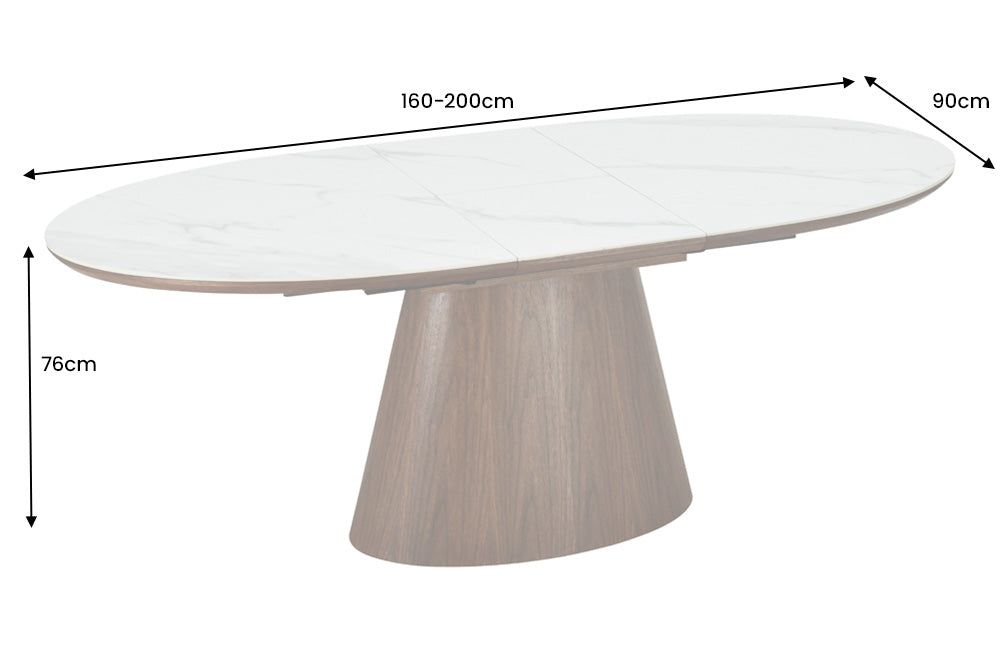 Table à manger extensible UNIQUE 160-200cm blanc marron noyer bois céramique marbre base colonne