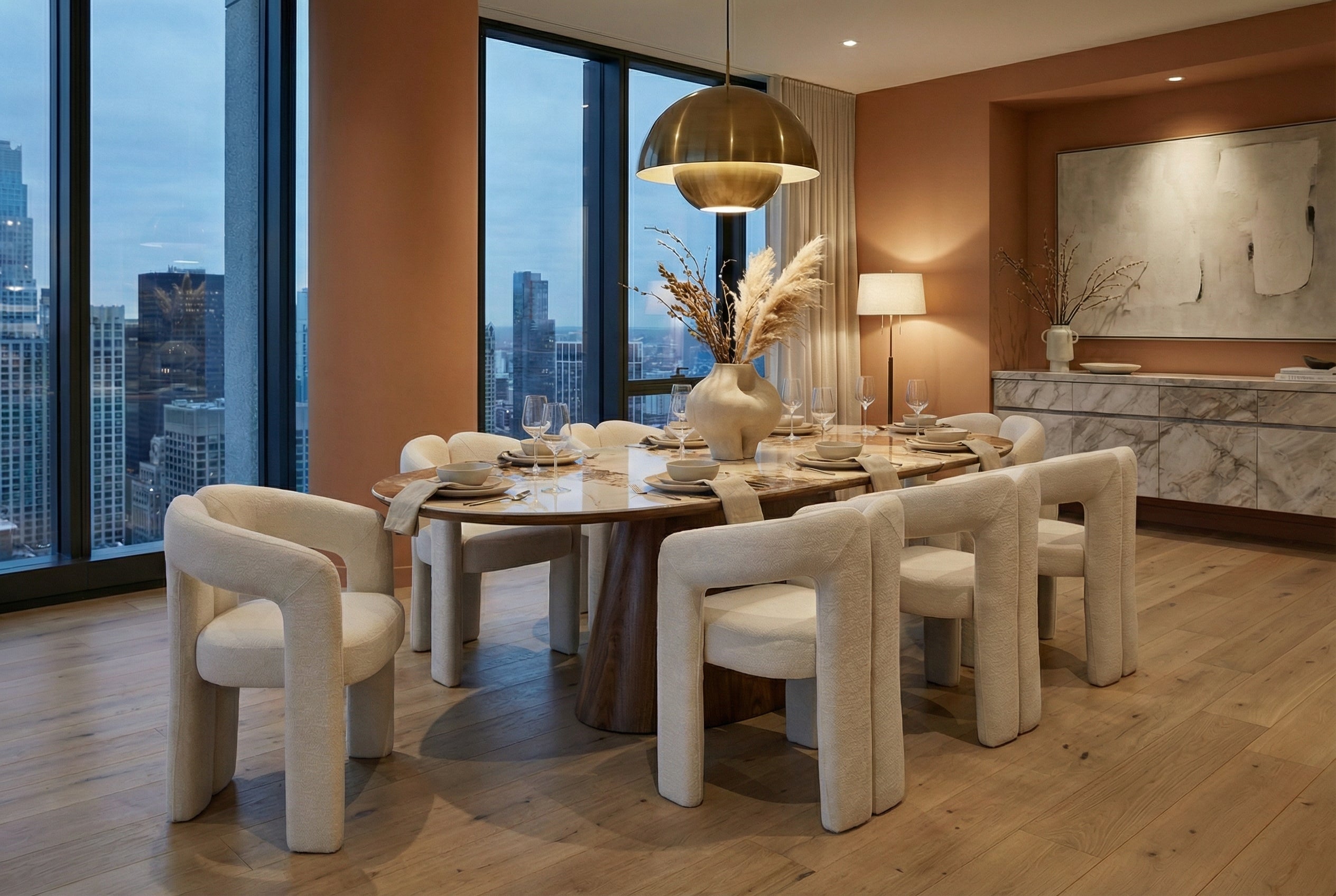 Table à manger extensible UNIQUE 160-200cm blanc Pandora céramique marron noyer pied colonne