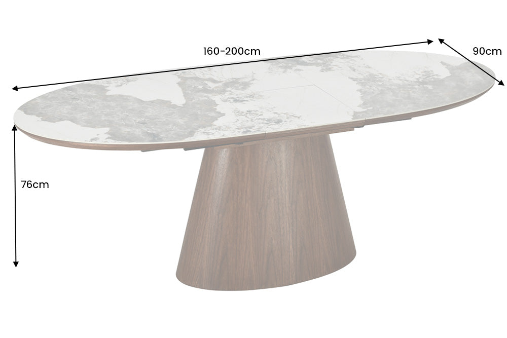 Table à manger extensible UNIQUE 160-200cm blanc Pandora céramique marron noyer pied colonne