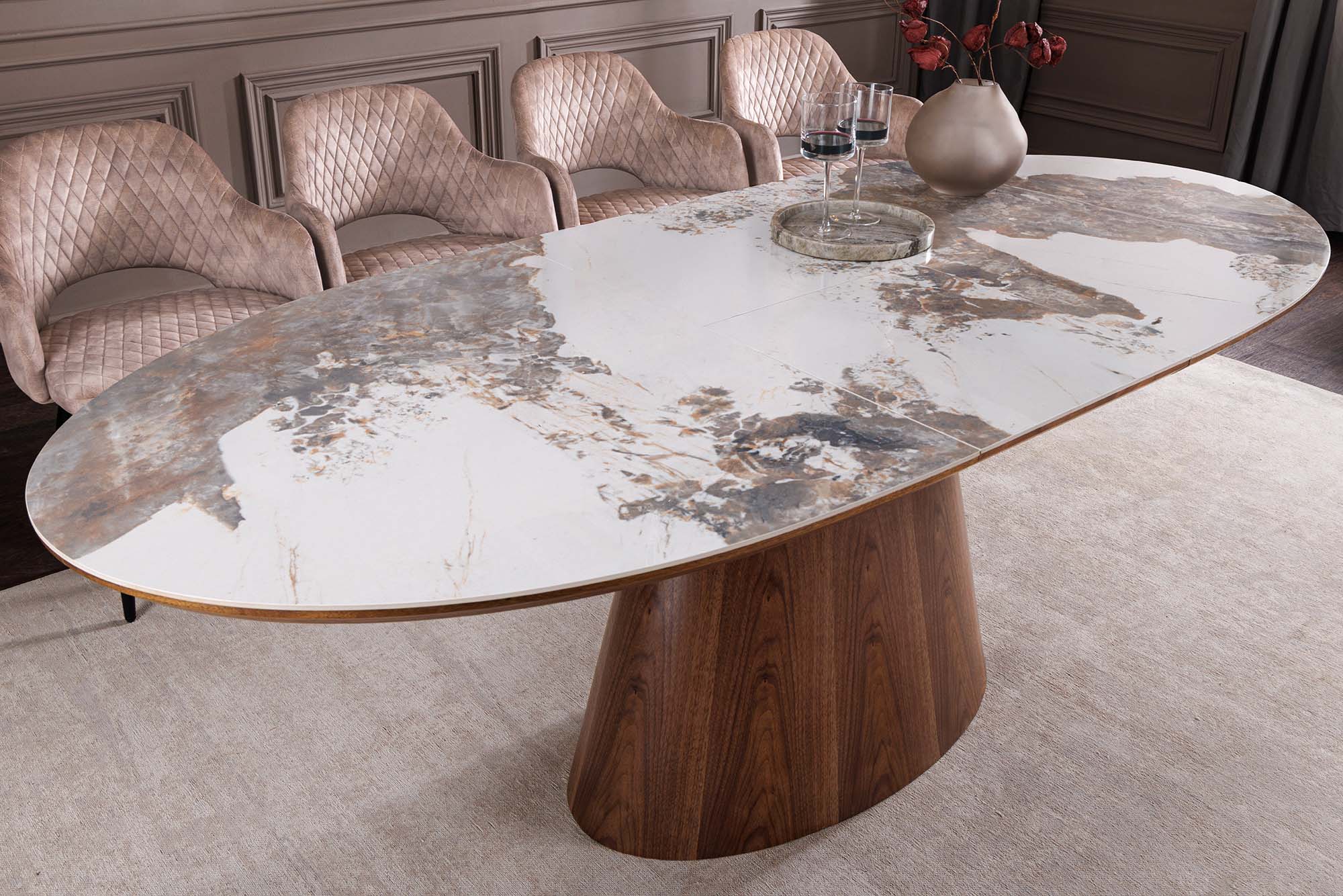 Table à manger extensible UNIQUE 160-200cm blanc Pandora céramique marron noyer pied colonne