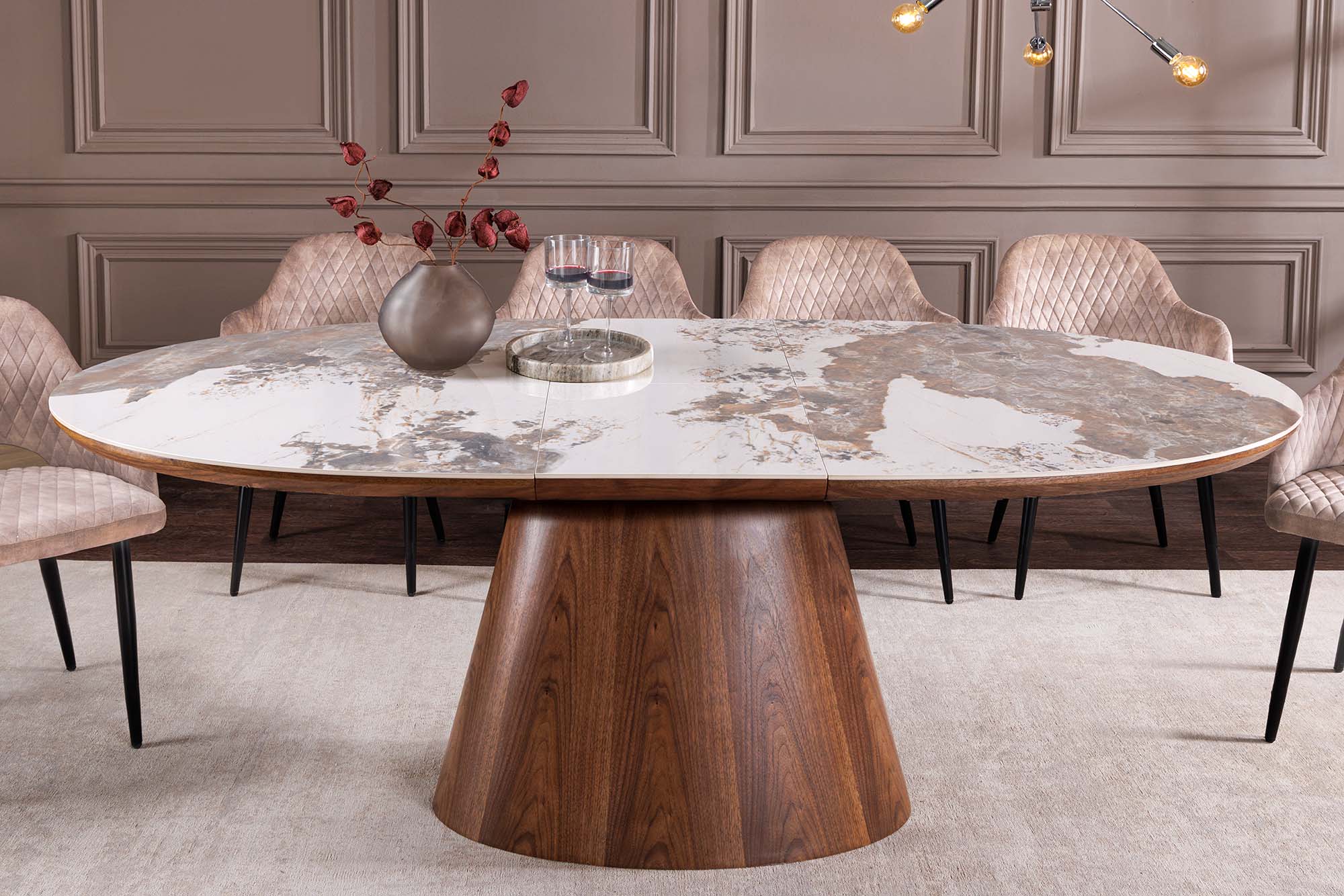Table à manger extensible UNIQUE 160-200cm blanc Pandora céramique marron noyer pied colonne