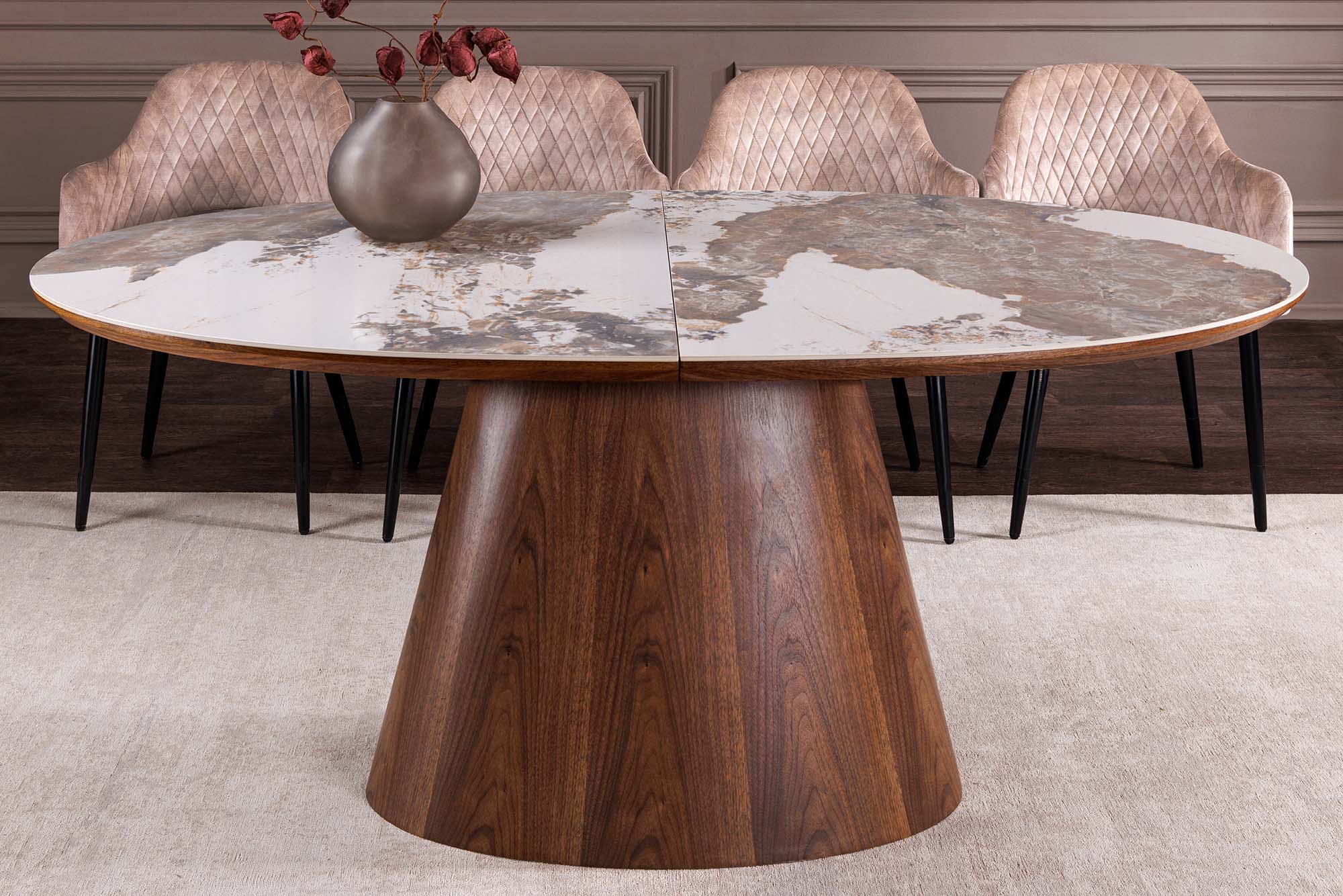 Table à manger extensible UNIQUE 160-200cm blanc Pandora céramique marron noyer pied colonne
