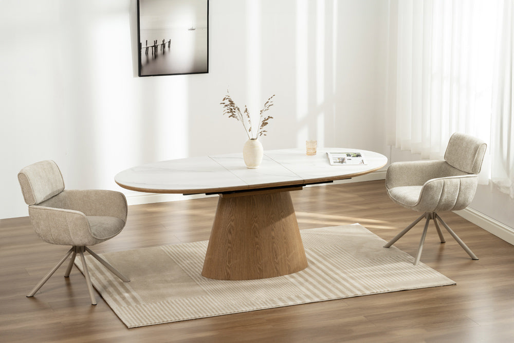 Table à manger extensible UNIQUE 160-200cm bois de chêne naturel blanc base colonne en marbre céramique