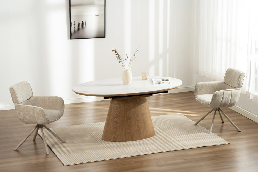 Table à manger extensible UNIQUE 160-200cm bois de chêne naturel blanc base colonne en marbre céramique