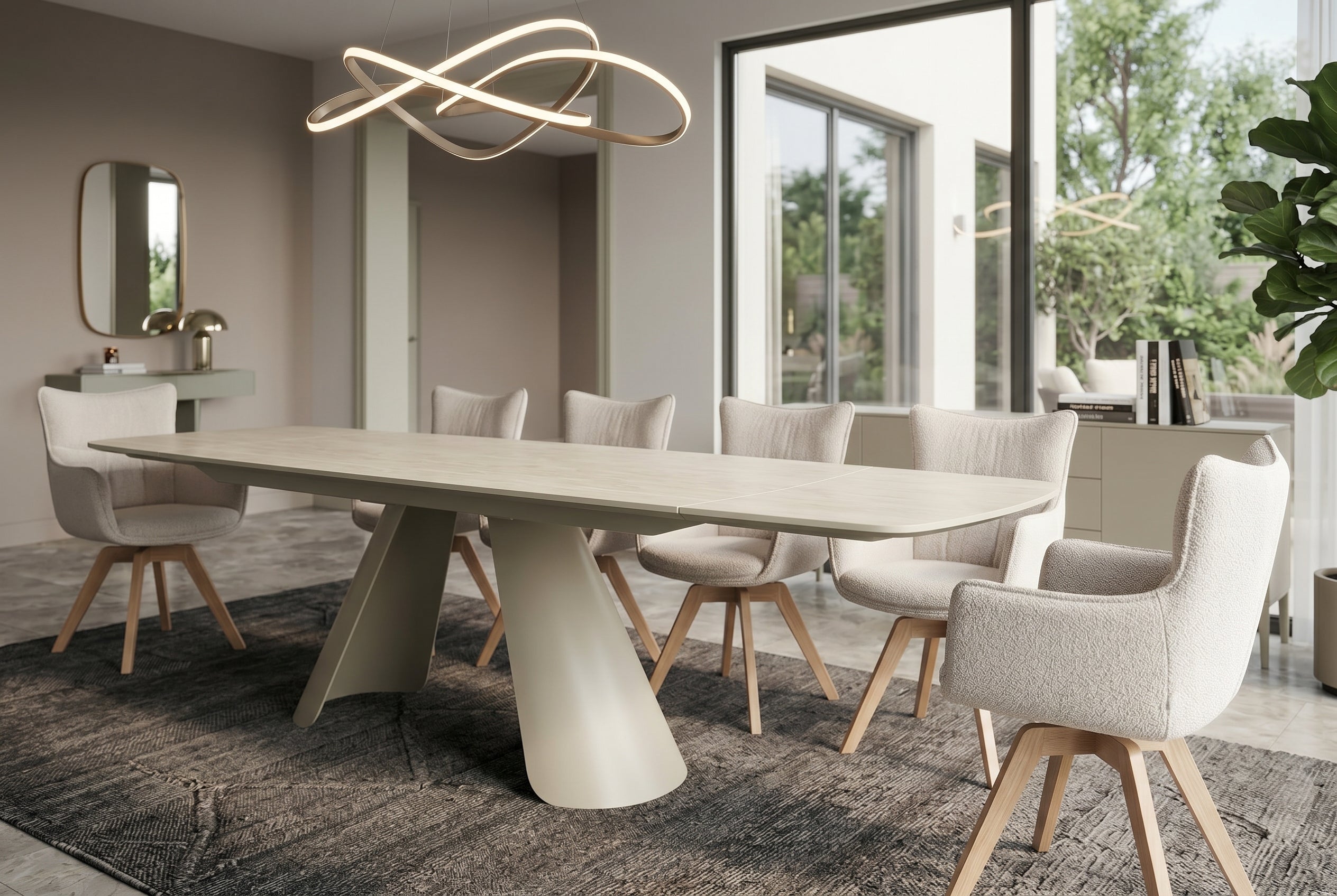Table à manger extensible VOGUE 160-200-240cm céramique beige travertin métal champagne grège
