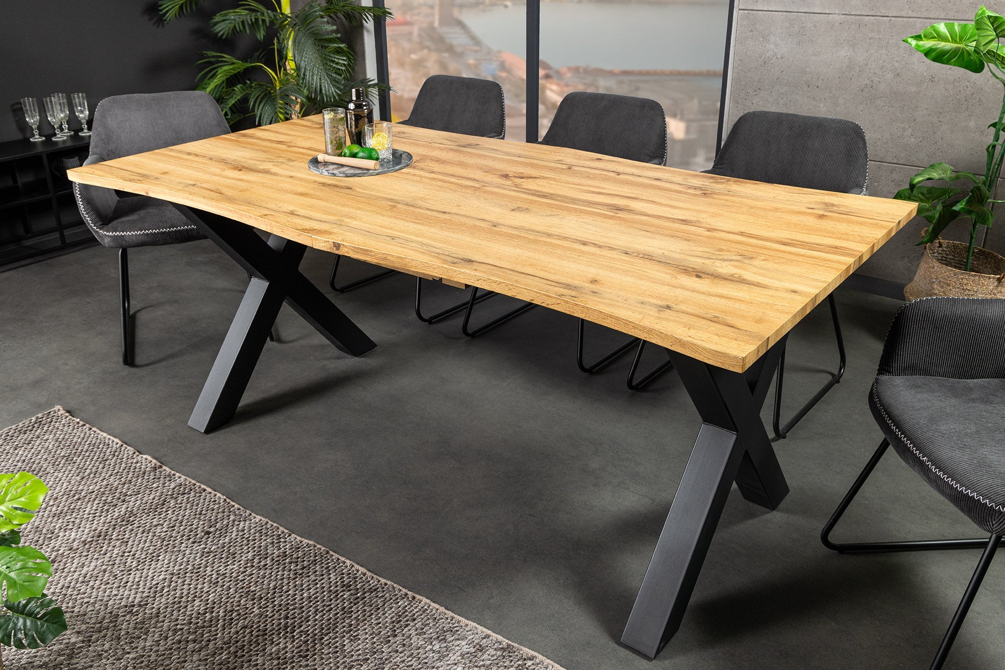WILD mesa de comedor extensible 180-220 cm roble salvaje look marrón árbol borde negro