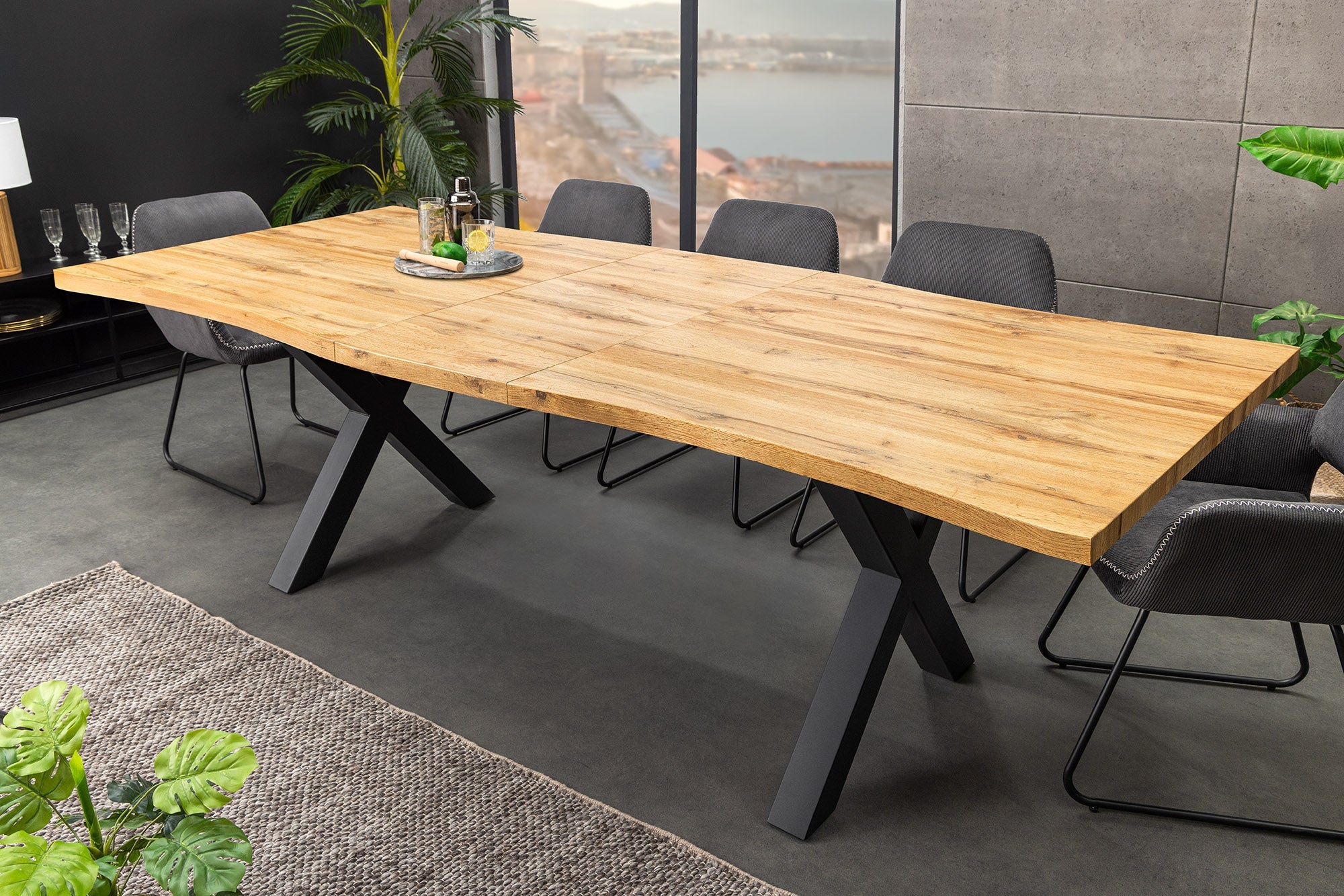 WILD mesa de comedor extensible 180-220 cm roble salvaje look marrón árbol borde negro
