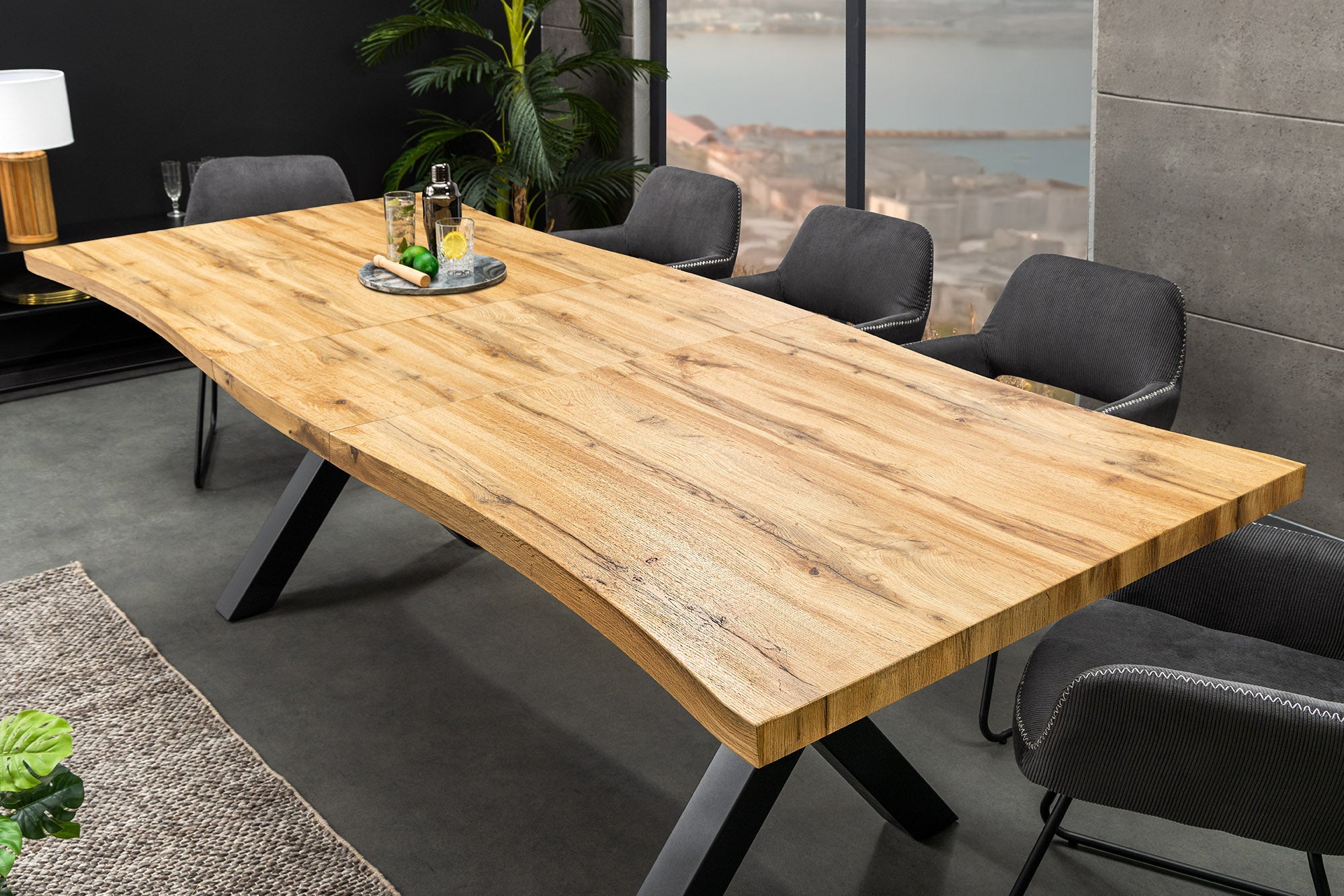 WILD mesa de comedor extensible 180-220 cm roble salvaje look marrón árbol borde negro