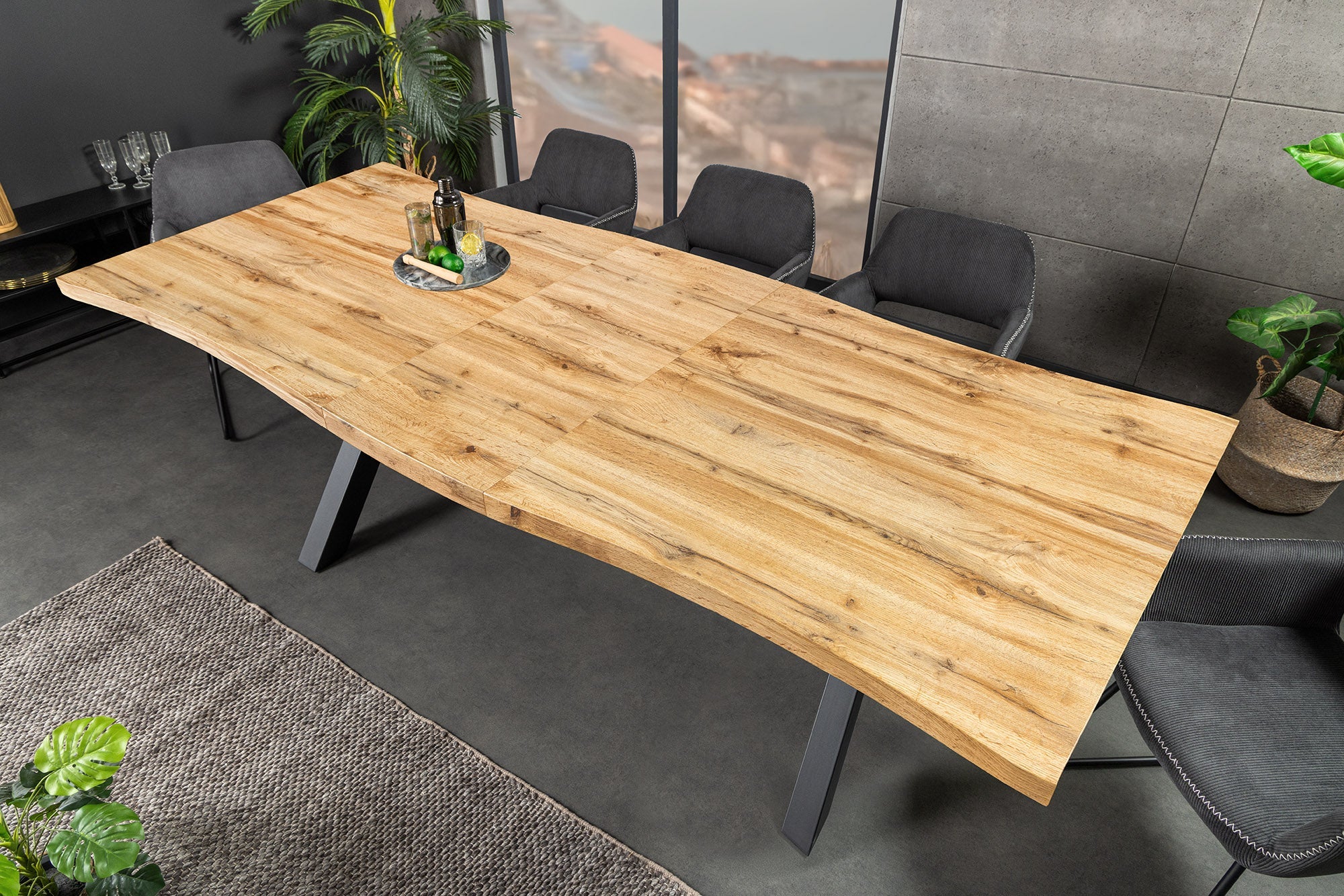 WILD mesa de comedor extensible 180-220 cm roble salvaje look marrón árbol borde negro