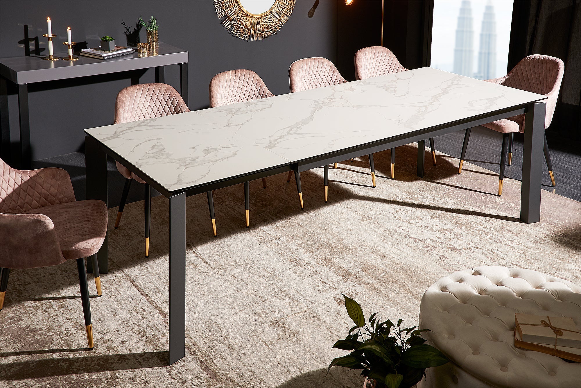 Table à manger extensible X7 180-240 cm en marbre blanc céramique fabriquée en Italie