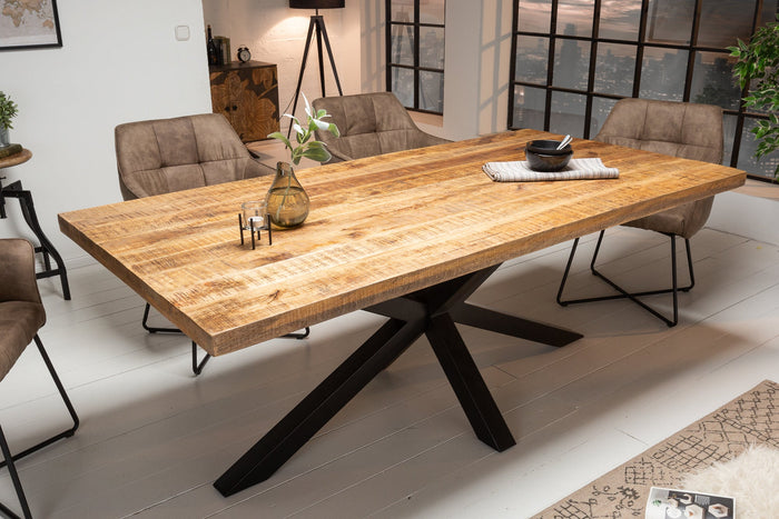 Table à manger industrielle solide GALAXIE 180cm en bois de manguier structure en forme d'étoile