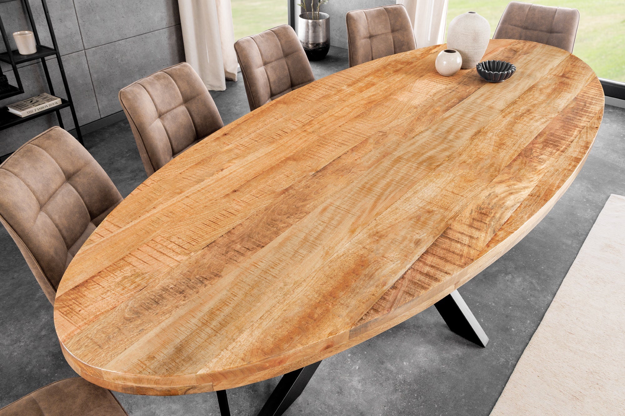 GALAXIE mesa de comedor industrial maciza 240cm madera de mango natural marco ovalado estrella