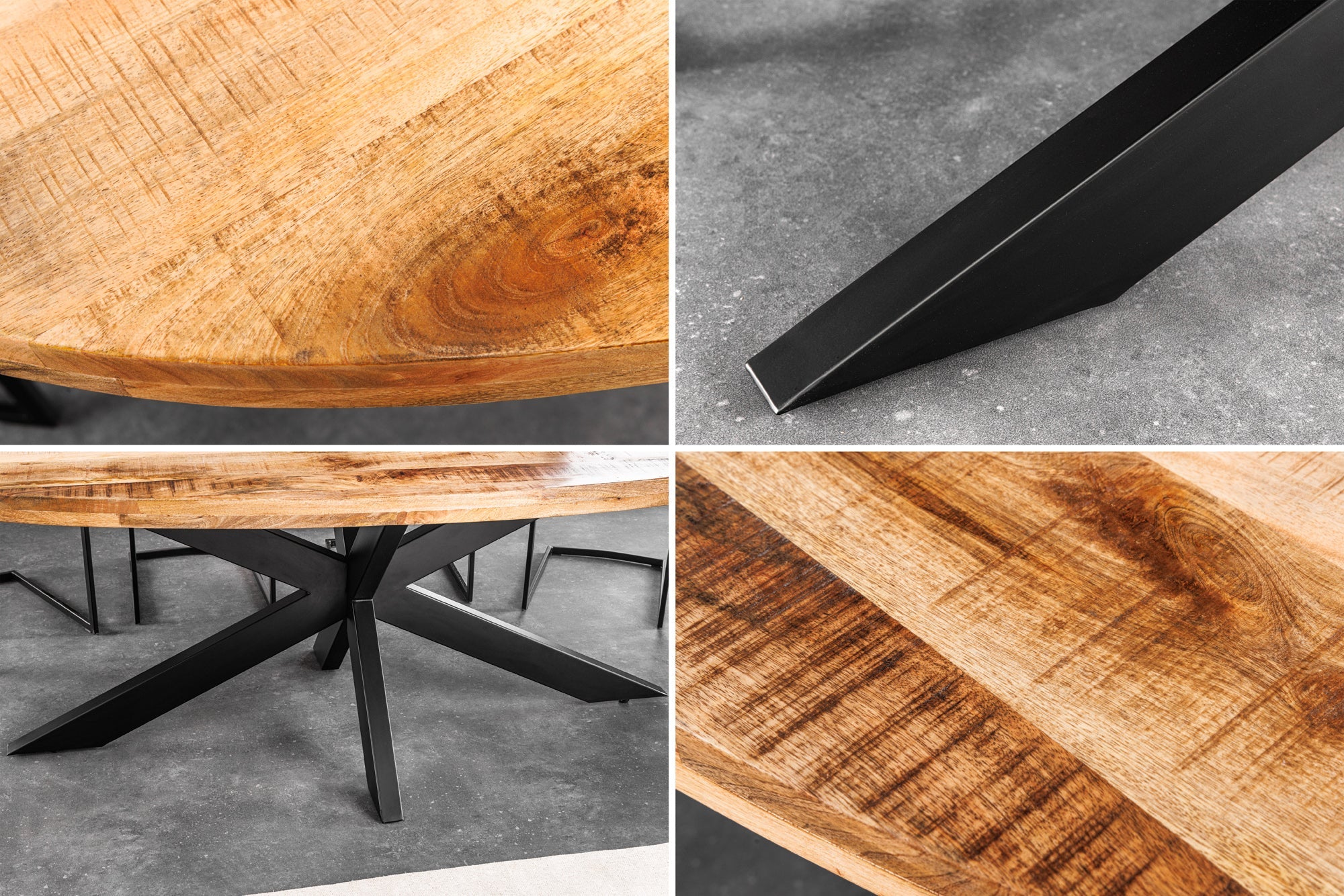GALAXIE mesa de comedor industrial maciza 240cm madera de mango natural marco ovalado estrella