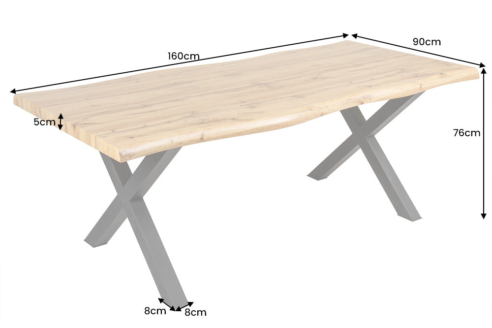 Mesa de comedor industrial WILD 160 cm diseño roble silvestre marrón borde árbol negro X marco