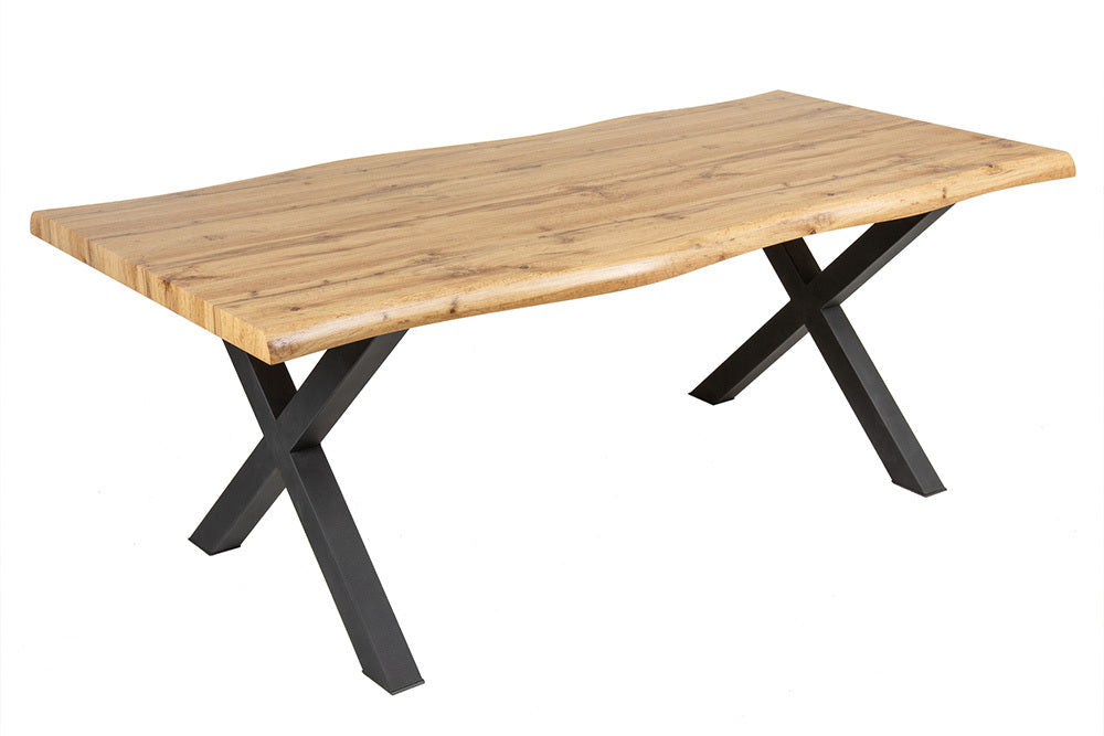 Mesa de comedor industrial WILD 180 cm diseño roble salvaje marrón borde árbol negro X marco