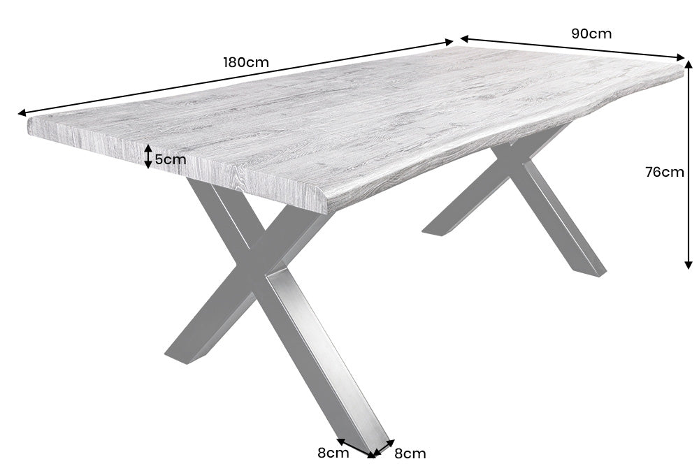 WILD mesa de comedor industrial 180cm roble silvestre gris cerusa diseño de borde de árbol negro X marco