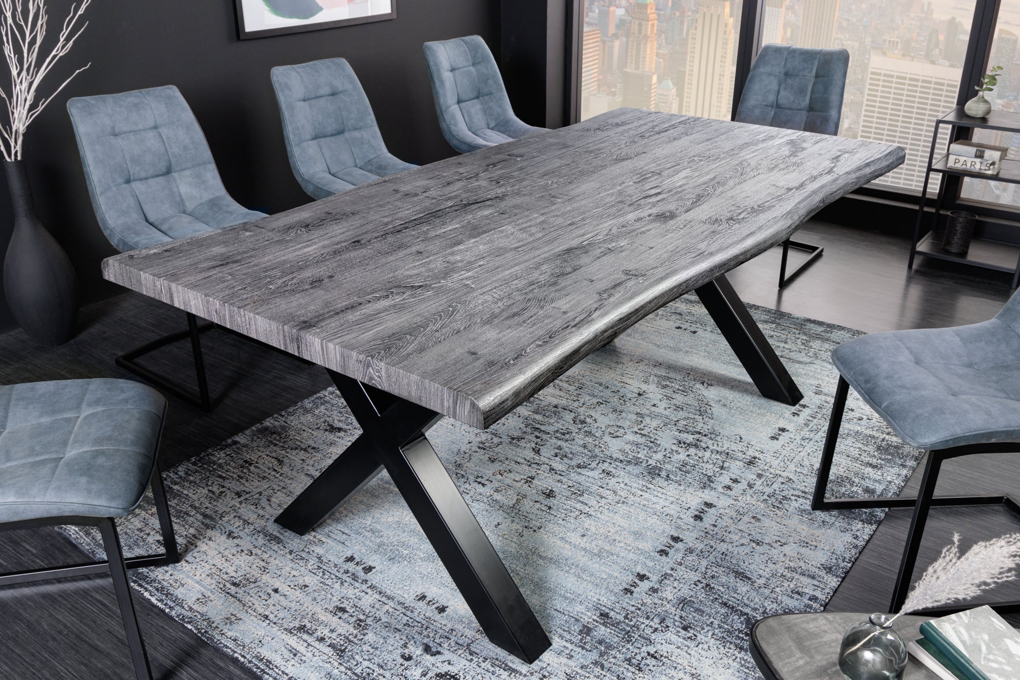 WILD mesa de comedor industrial 180cm roble silvestre gris cerusa diseño de borde de árbol negro X marco