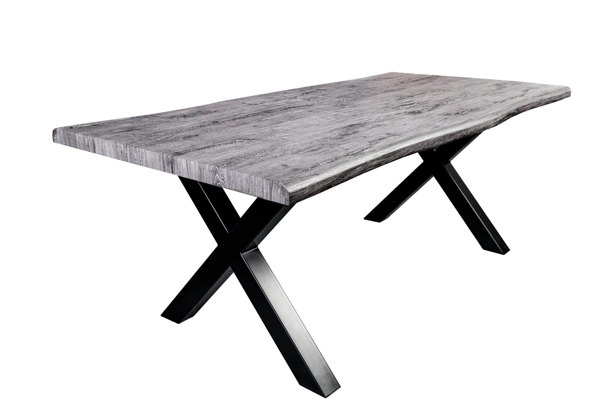 WILD mesa de comedor industrial 180cm roble silvestre gris cerusa diseño de borde de árbol negro X marco
