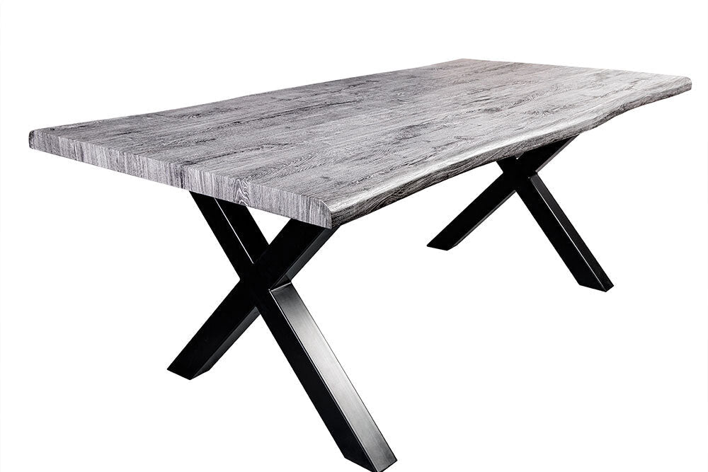 WILD Mesa de comedor industrial de 200 cm, roble silvestre gris, borde de árbol, marco X negro