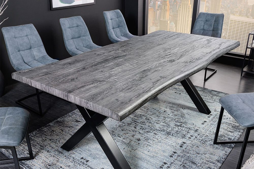 WILD Mesa de comedor industrial de 200 cm, roble silvestre gris, borde de árbol, marco X negro