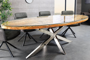 Table à manger massive BARRACUDA 220cm teck marron structure étoile argent plateau verre
