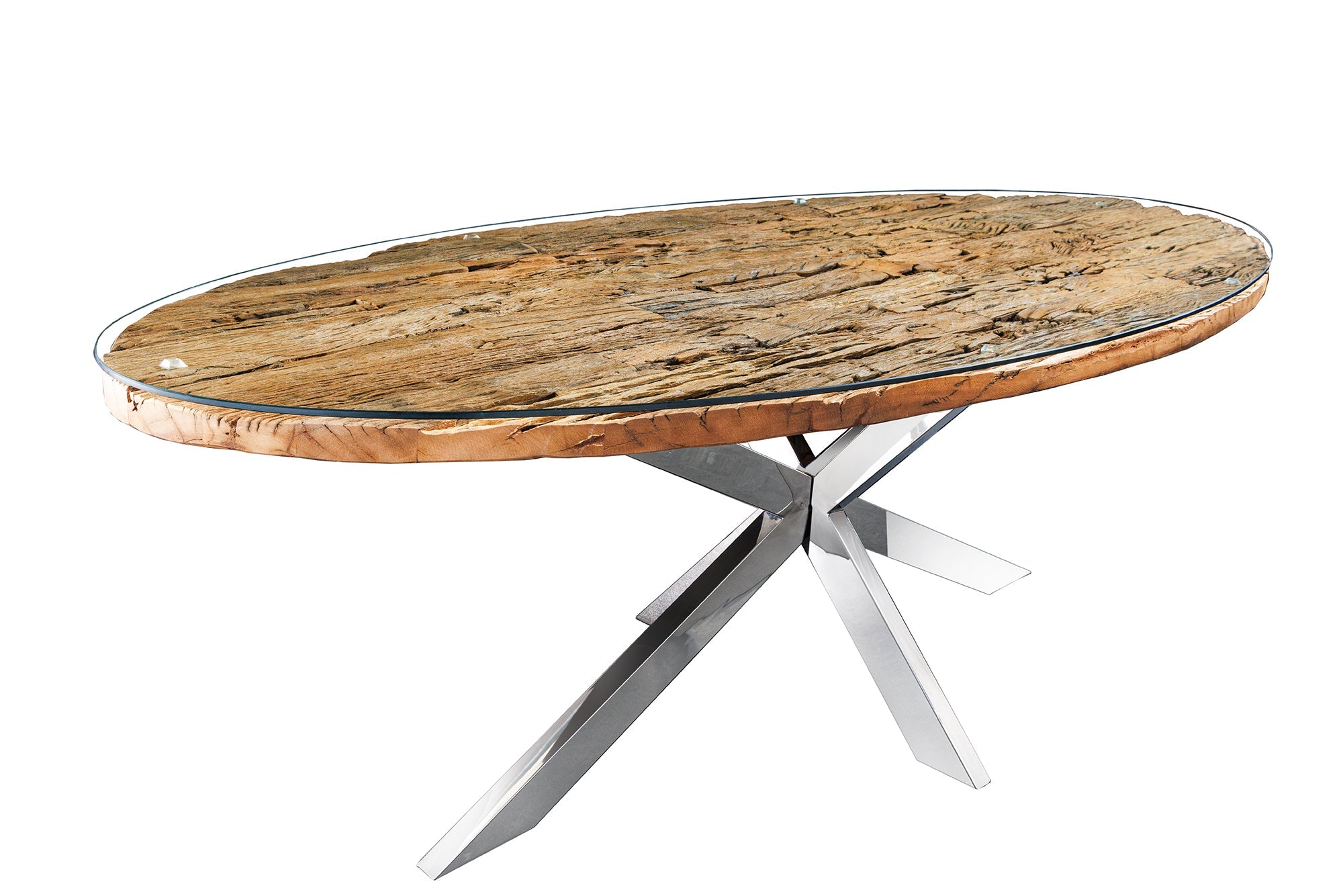 Table à manger massive BARRACUDA 220cm teck marron structure étoile argent plateau verre