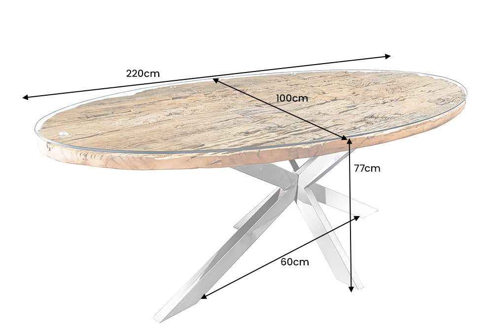 Table à manger massive BARRACUDA 220cm teck marron structure étoile argent plateau verre
