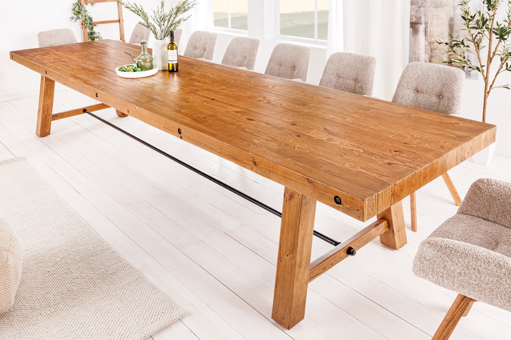 FINCA Mesa de comedor maciza de 300 cm de pino regenerado marrón vintage