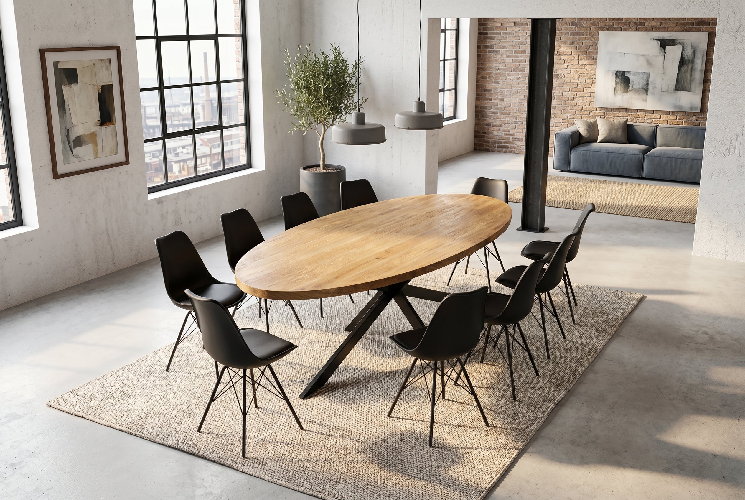Table à manger massive GALAXIE 240cm bois de manguier marron ovale structure étoile en fer noir