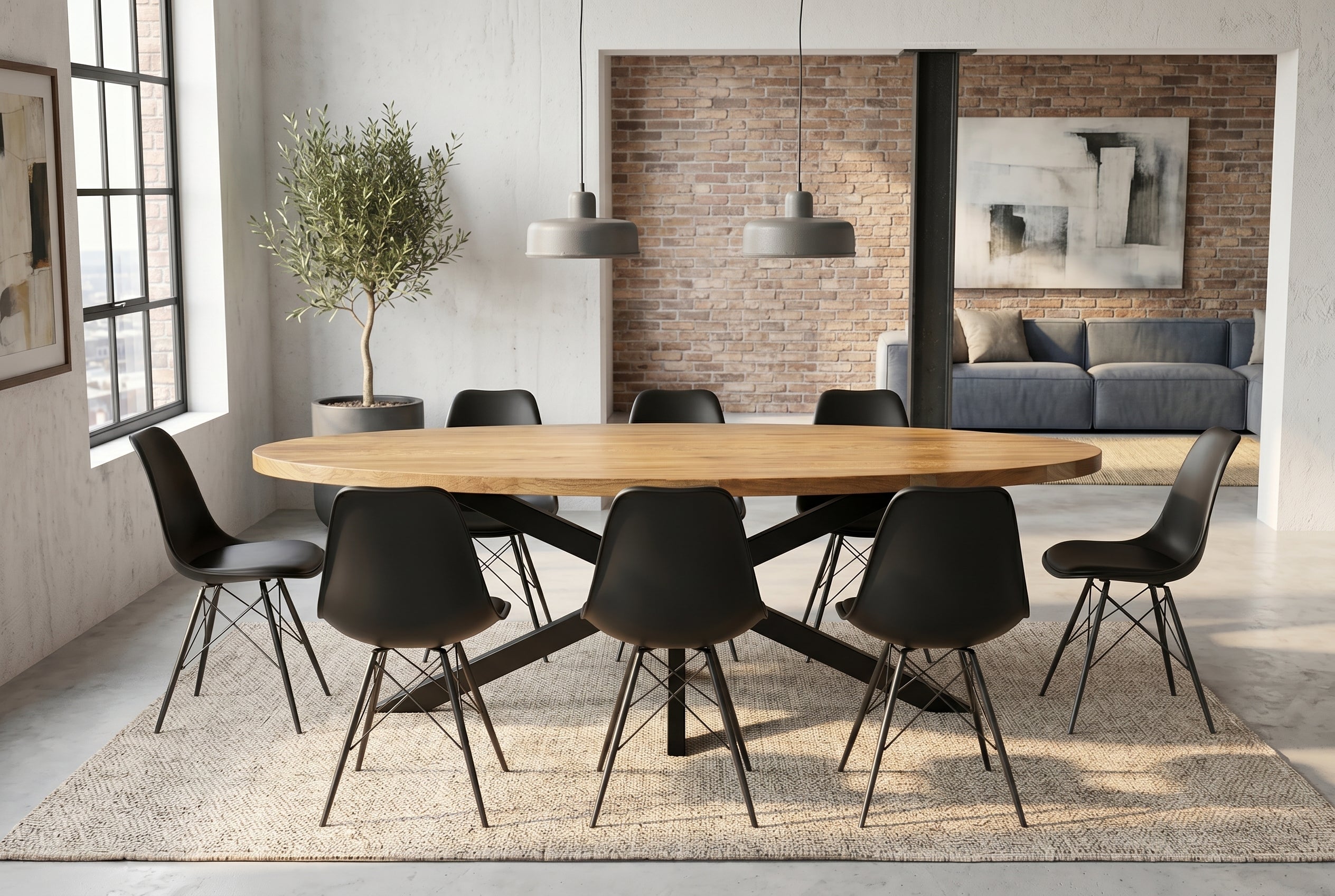 Table à manger massive GALAXIE 240cm bois de manguier marron ovale structure étoile en fer noir