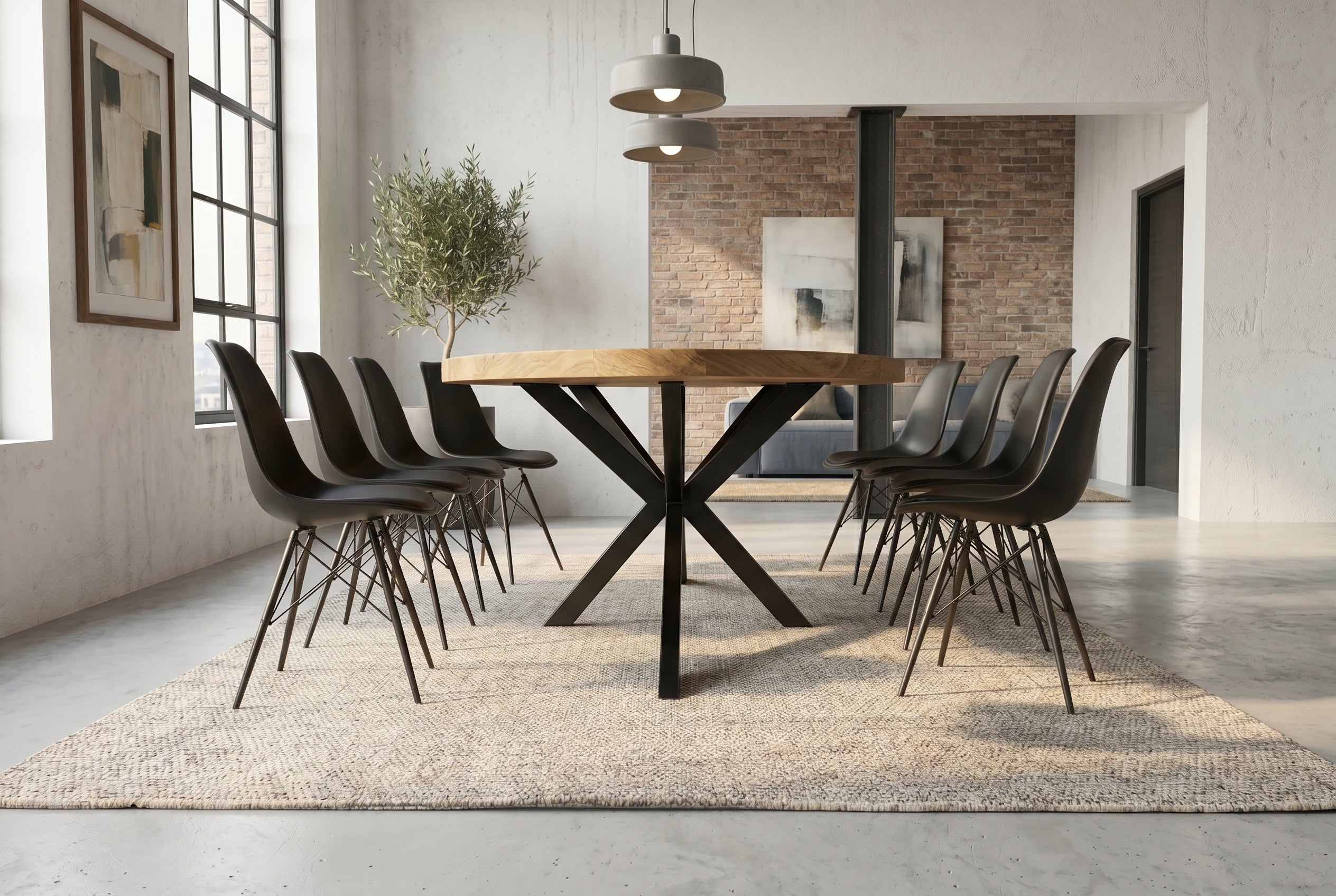 Table à manger massive GALAXIE 240cm bois de manguier marron ovale structure étoile en fer noir