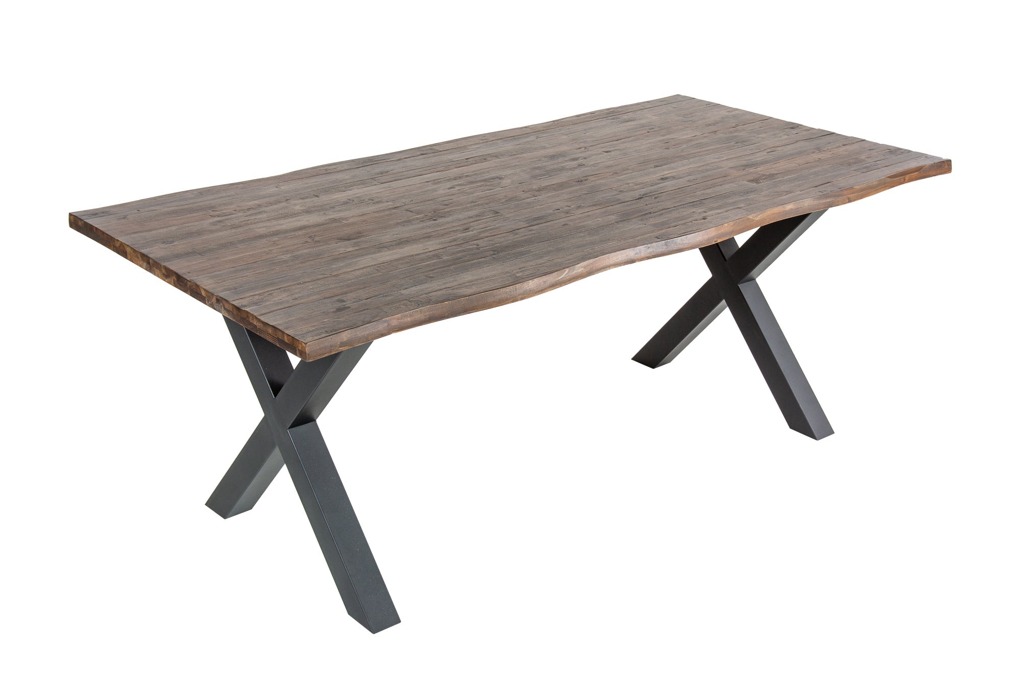 GENESIS VINTAGE Mesa de comedor maciza de 200 cm en madera de acacia marrón y marco en X negro con borde de árbol