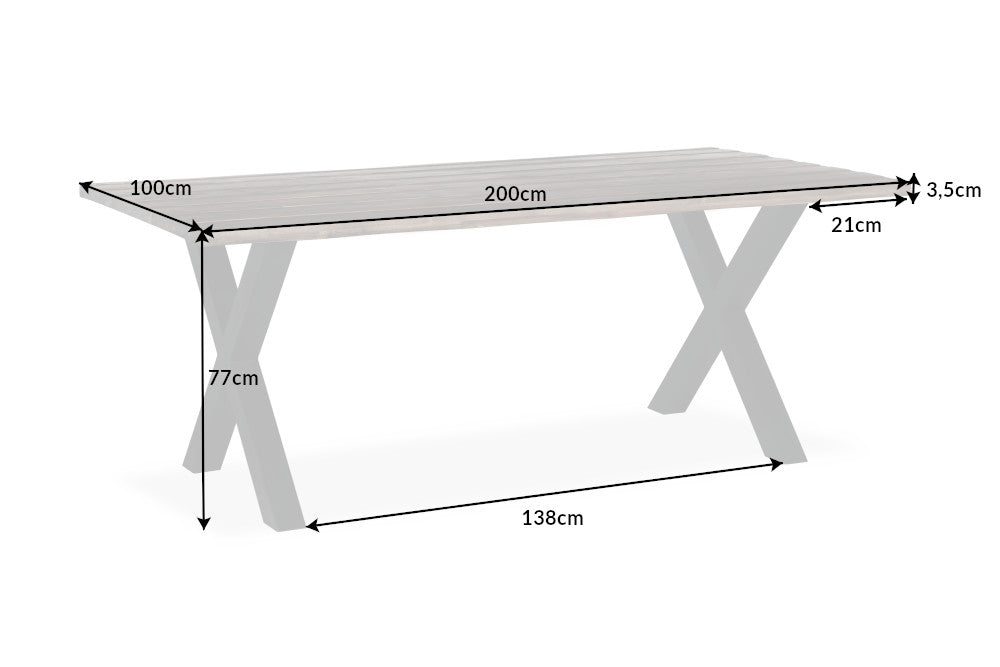 GENESIS VINTAGE Mesa de comedor maciza de 200 cm en madera de acacia marrón y marco en X negro con borde de árbol
